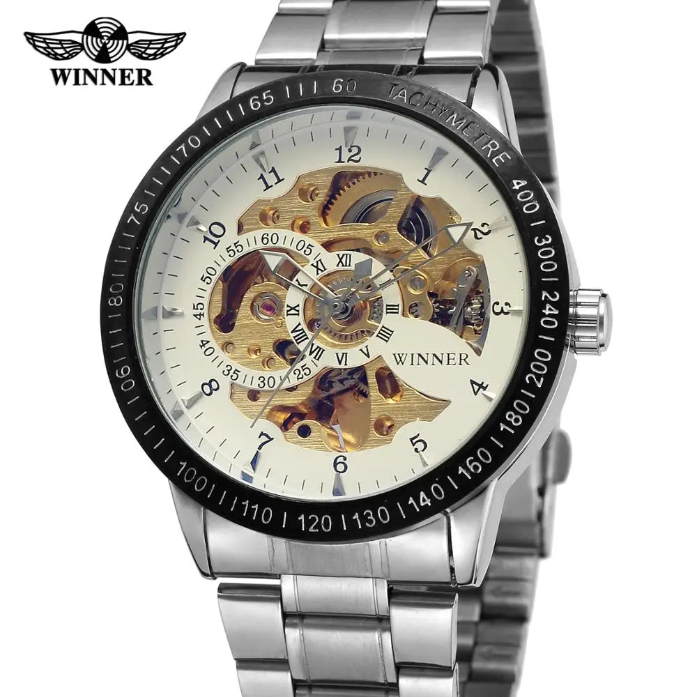 Winner Gold & Silver Mechanical Men Watches Classic Hand Wind Skeleton Chain Wristwatch Clock