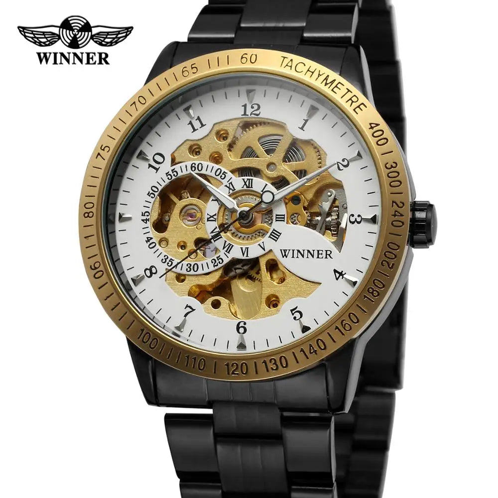 Winner Gold & Silver Mechanical Men Watches Classic Hand Wind Skeleton Chain Wristwatch Clock