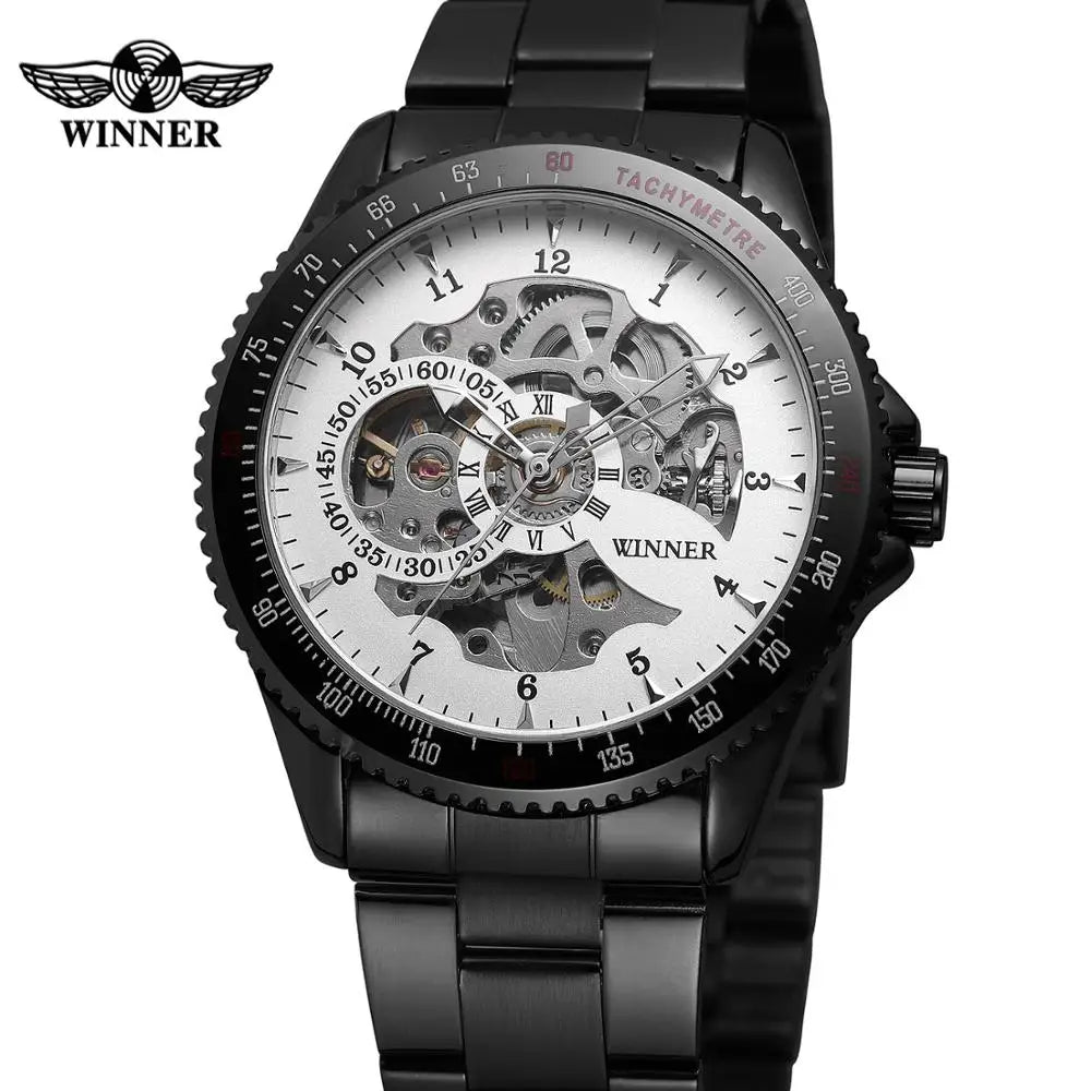 Winner Gold & Silver Mechanical Men Watches Classic Hand Wind Skeleton Chain Wristwatch Clock