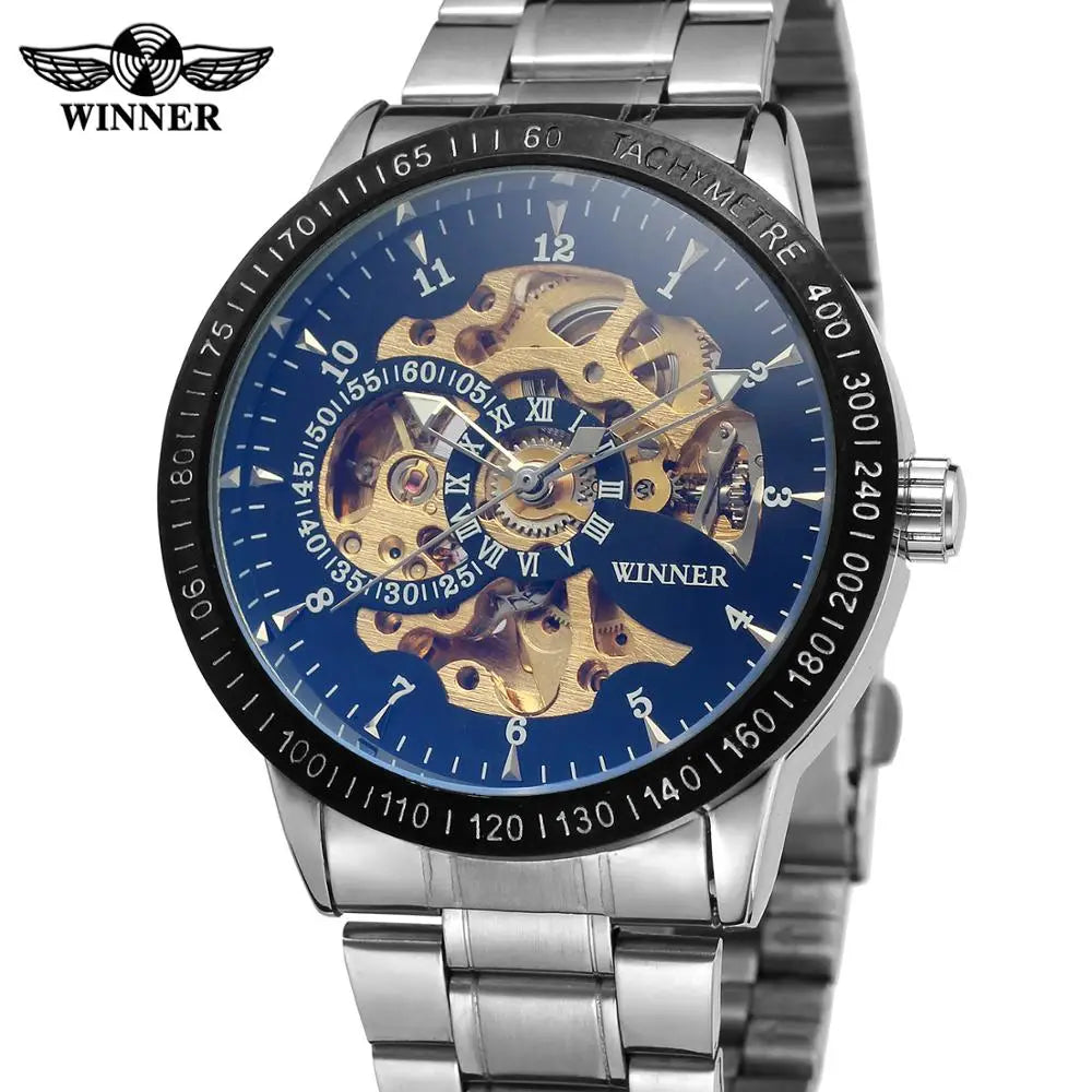 Winner Gold & Silver Mechanical Men Watches Classic Hand Wind Skeleton Chain Wristwatch Clock