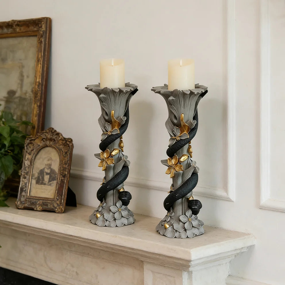 Resin Flower-leaf Pattern Snake-shaped Candle Holder Hand-painted Assembly Design Exquisite Item Creating Refined Atmosphere