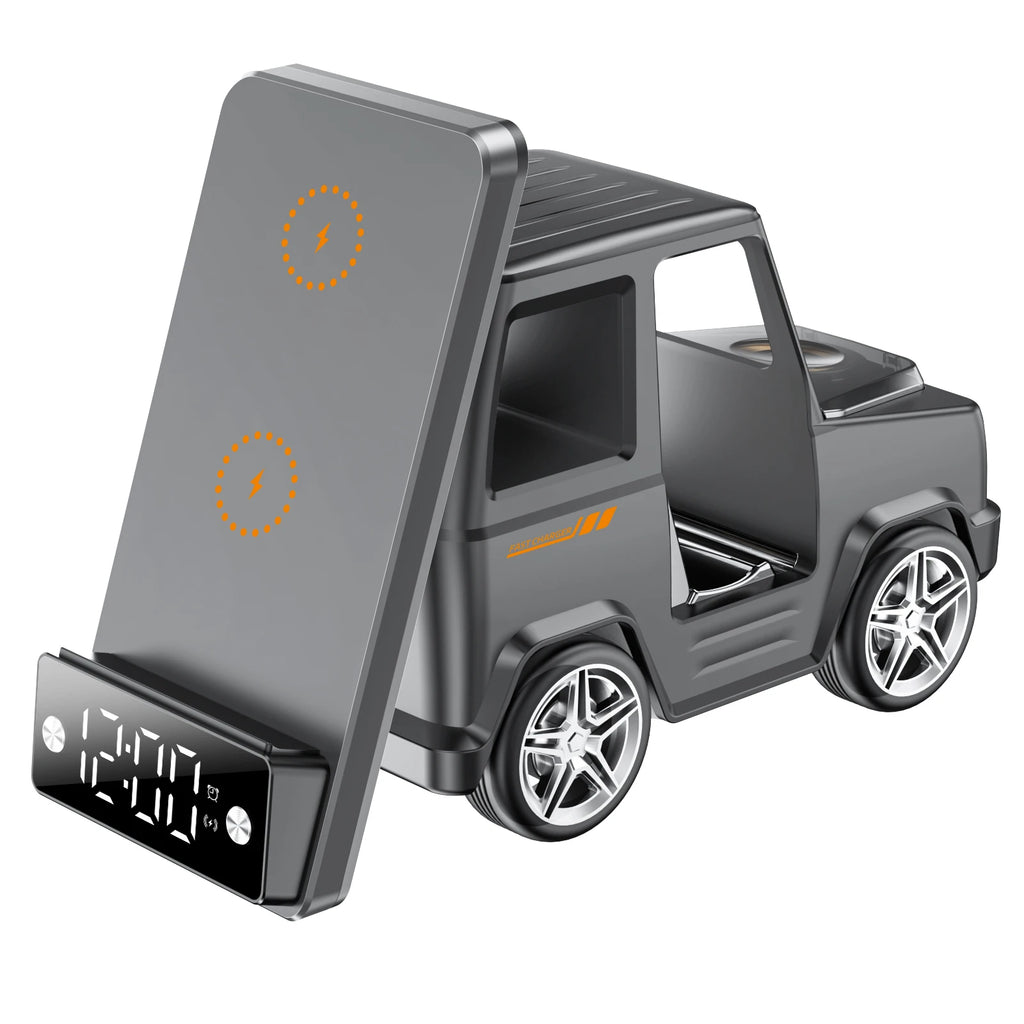 Hot Car Shape Wireless Charging Speaker 15w Charging Station With Speaker Transparent Wireless Charging Station With Alarm Clock