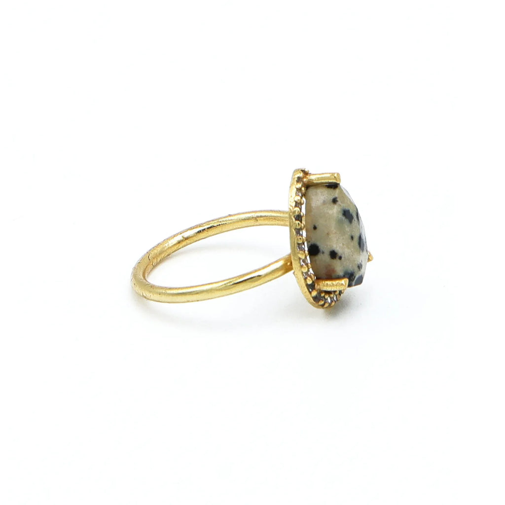 Dalmatian Jasper Gemstone Pear Bezel Set Adjustable Ring Unisex 18K Gold Plated Silver Jewelry Certified | Wedding Party |