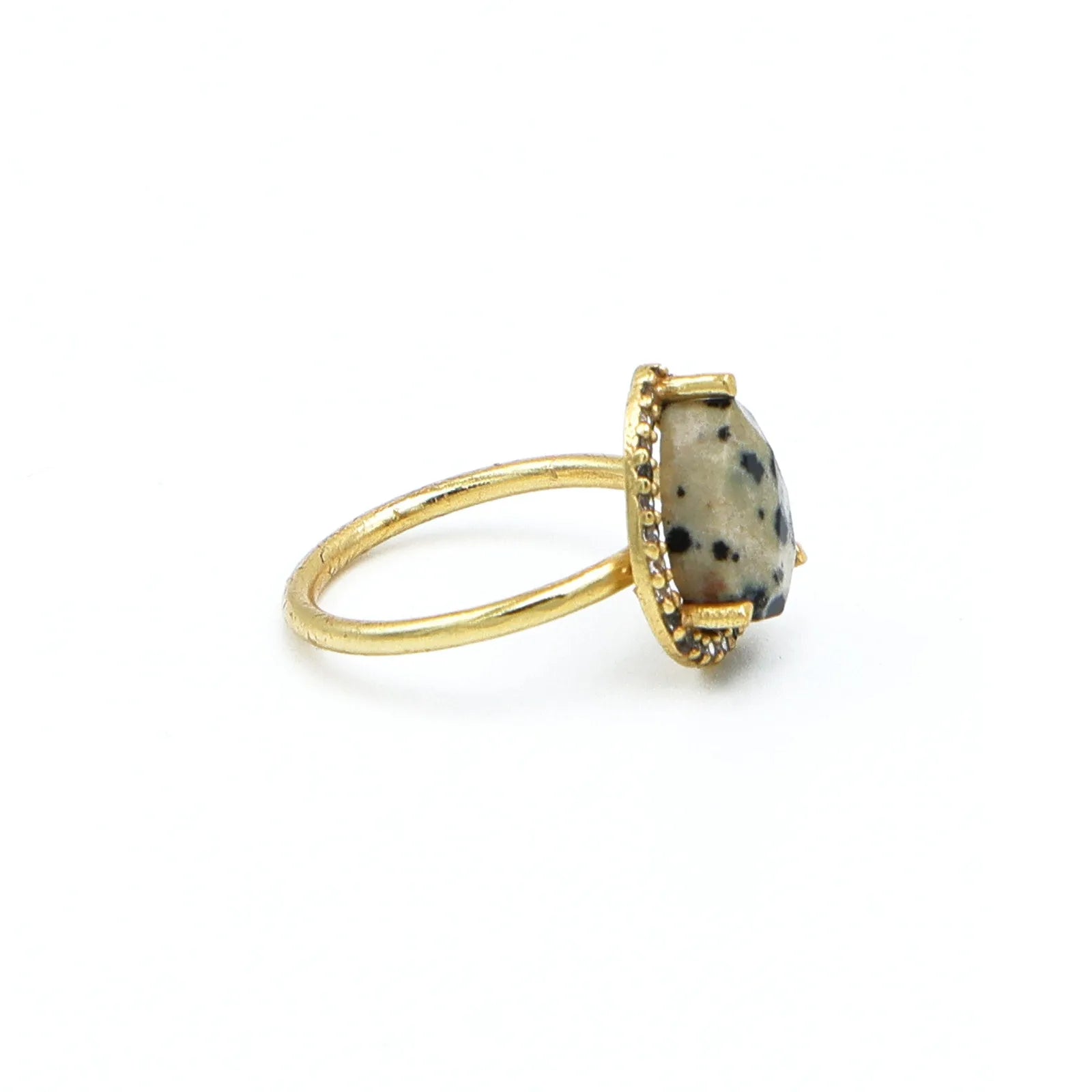 Dalmatian Jasper Gemstone Pear Bezel Set Adjustable Ring Unisex 18K Gold Plated Silver Jewelry Certified | Wedding Party |