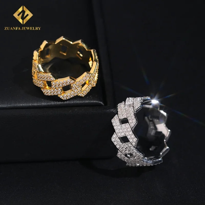 Hot Sale Fashion New Design Gold and Silver Moissanite  Ring Full Diamond GRA Certificates Pass Diamond Tester Hip Hop Style