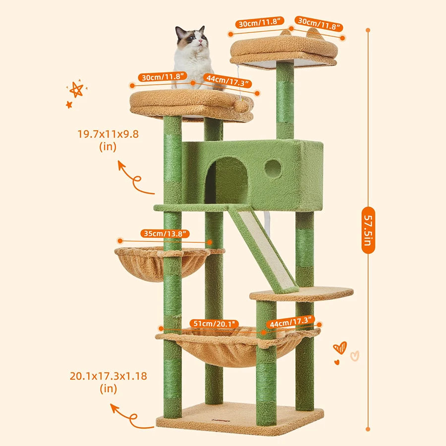 Discount Modern Large Luxury Cactus Cat Tree & Scratcher with Sisal Scratching Post Plush Cat House Customized Wood Cat Tower