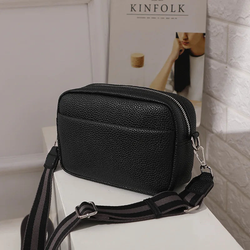 Solid Square Women Crossbody Bags Wide Fabric Strap Bag Ladies Fashion Handbags Zipper Leather Women Shoulder Bags