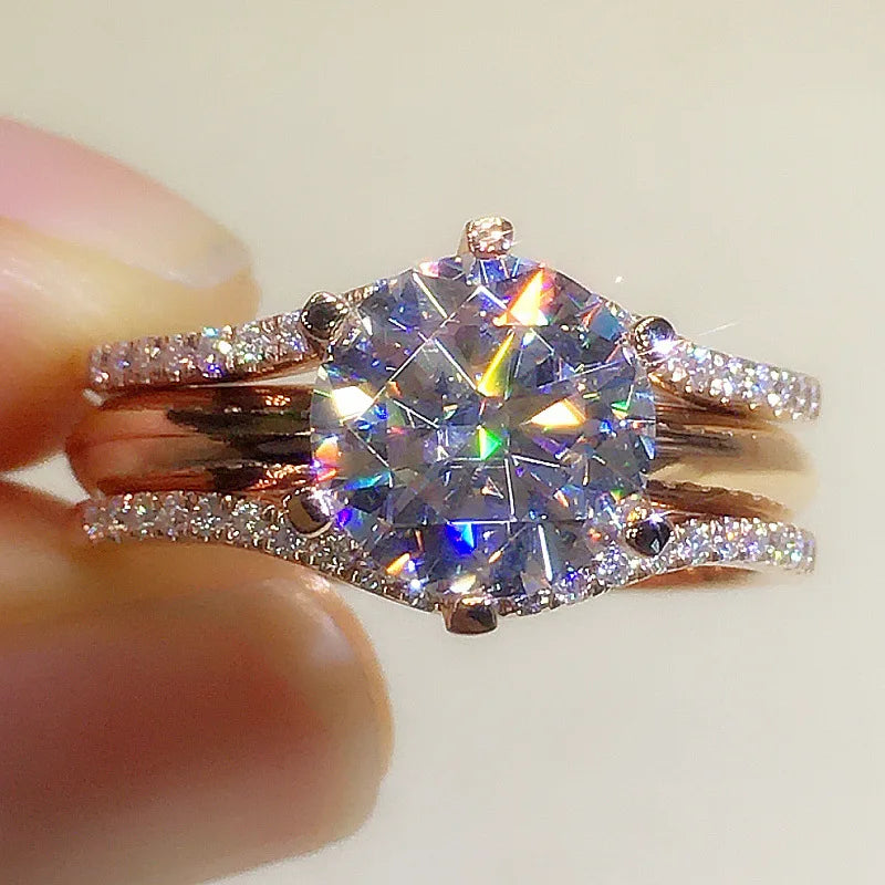 Rose Gold Plated Classic Diamond Ring with Side Diamonds Round Brilliant Cut G Color Engagement Women's