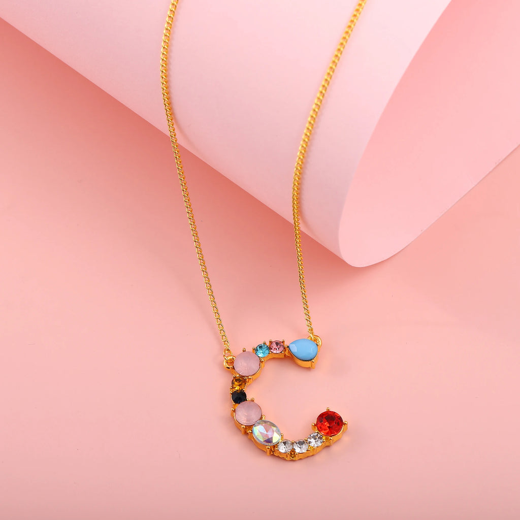 Hainon Fashion Initial 26 Letter Necklace Colored Zircon Necklace Electroplated Gold Sweater Chain
