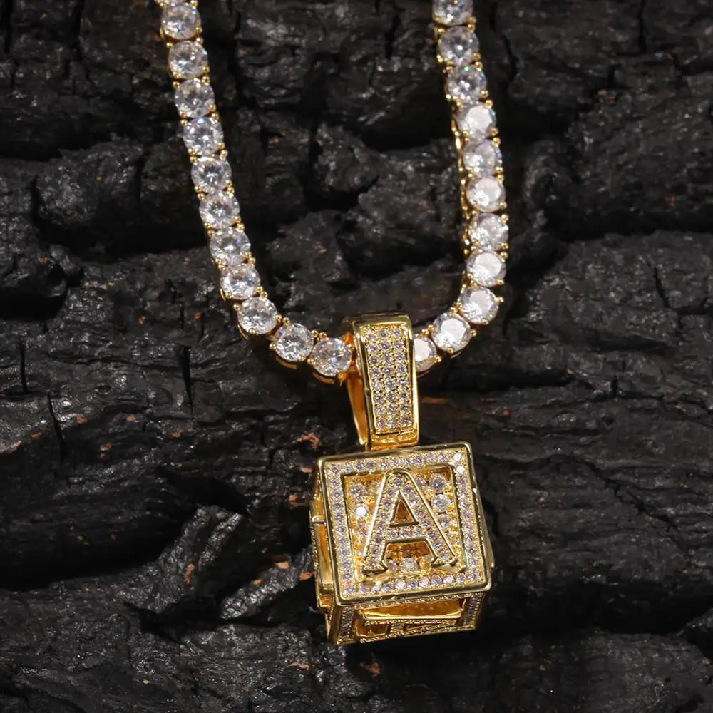A-Z Single Stereoscopic Square Letter Pendant Initial Rapper Necklace Gold Silver Color Cubic Zircon Men Women Hip Hop Jewelry