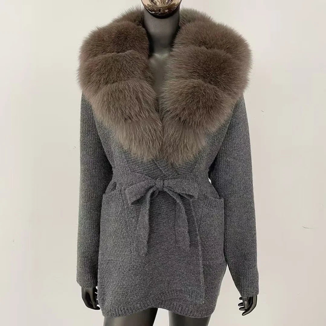 Women's New Spring Fashion Soft Midi Fox Fur Collar Knitted Cardigan Sweater Coat Casual Outerwear for Winter