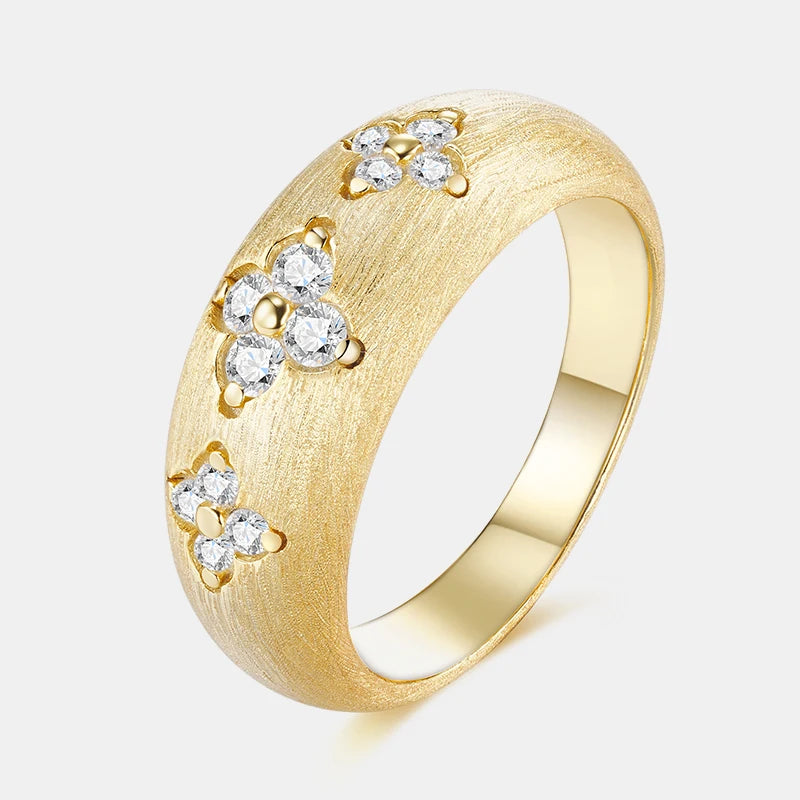 18K Gold Plated Wide Band Ring, Round Moissanite Flower Motif Brushed Finish Statement Stackable Ring for party Daily Wear