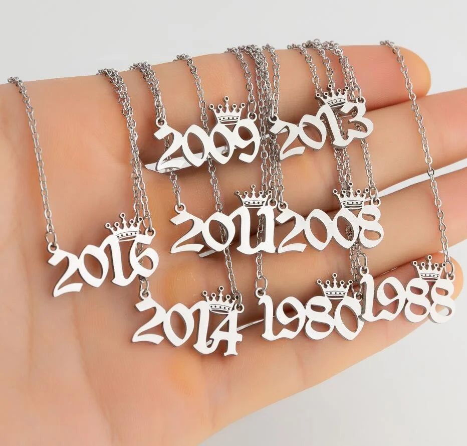 Wholesale stainless steel necklaces year crown number sweater chain fashion jewelry necklaces