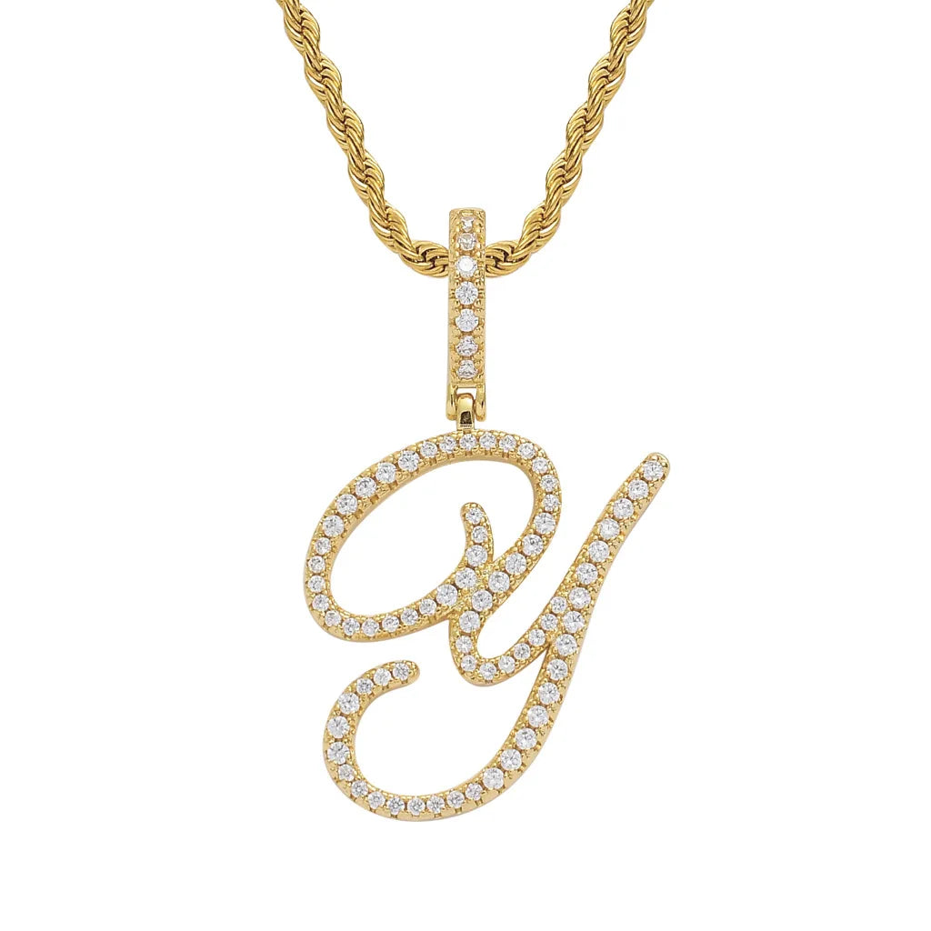 NEW Fashion Personalized Cursive Letters A-Z Pendant& Necklace Hip Hop Cubic Zircon Charm Jewelry for Men Women Gifts