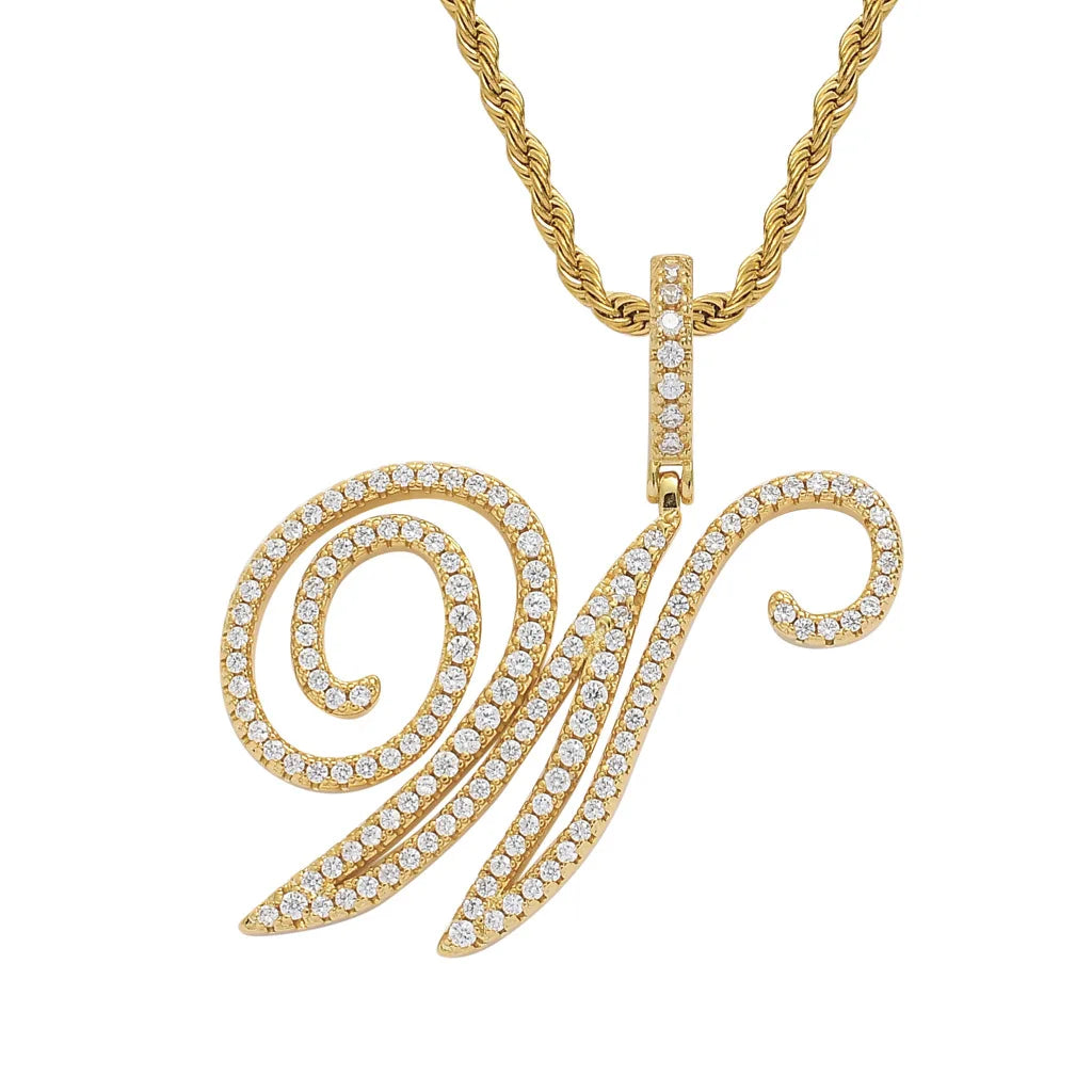 NEW Fashion Personalized Cursive Letters A-Z Pendant& Necklace Hip Hop Cubic Zircon Charm Jewelry for Men Women Gifts