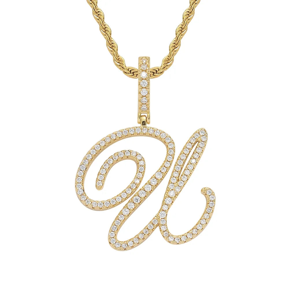 NEW Fashion Personalized Cursive Letters A-Z Pendant& Necklace Hip Hop Cubic Zircon Charm Jewelry for Men Women Gifts