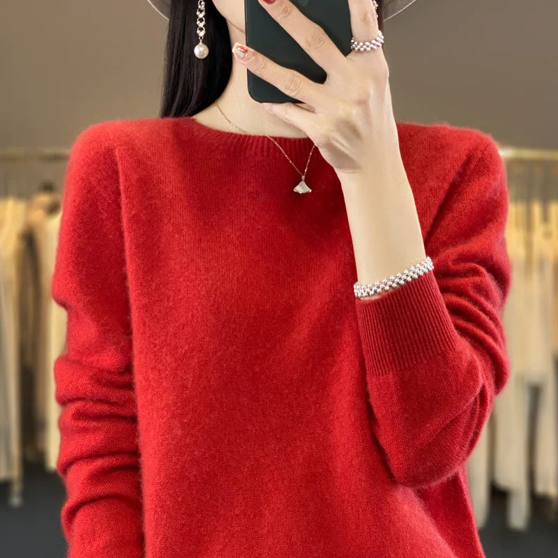 S-XXL Round Neck 100% Cashmere Knit Women's  Pullover Loose Bottom Sweater Autumn/Winter New Solid Color Sweater