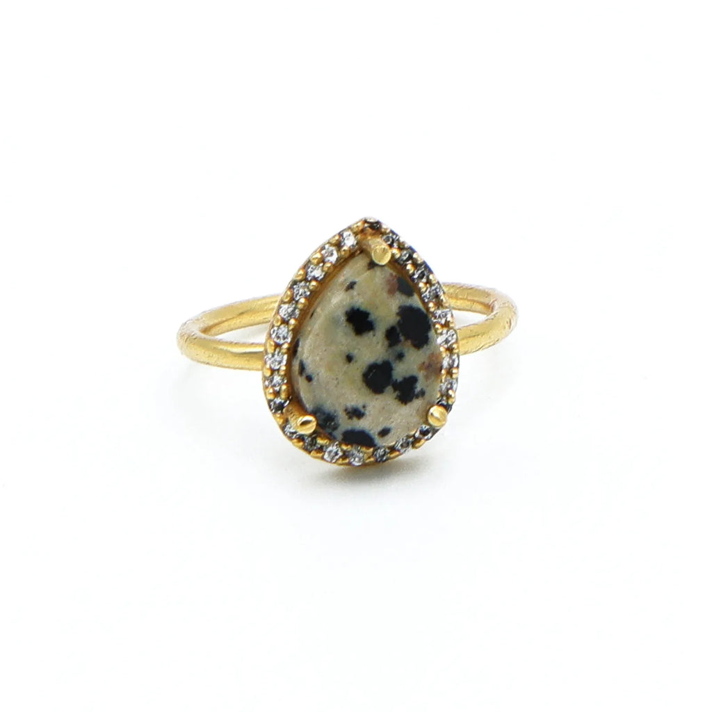 Dalmatian Jasper Gemstone Pear Bezel Set Adjustable Ring Unisex 18K Gold Plated Silver Jewelry Certified | Wedding Party |