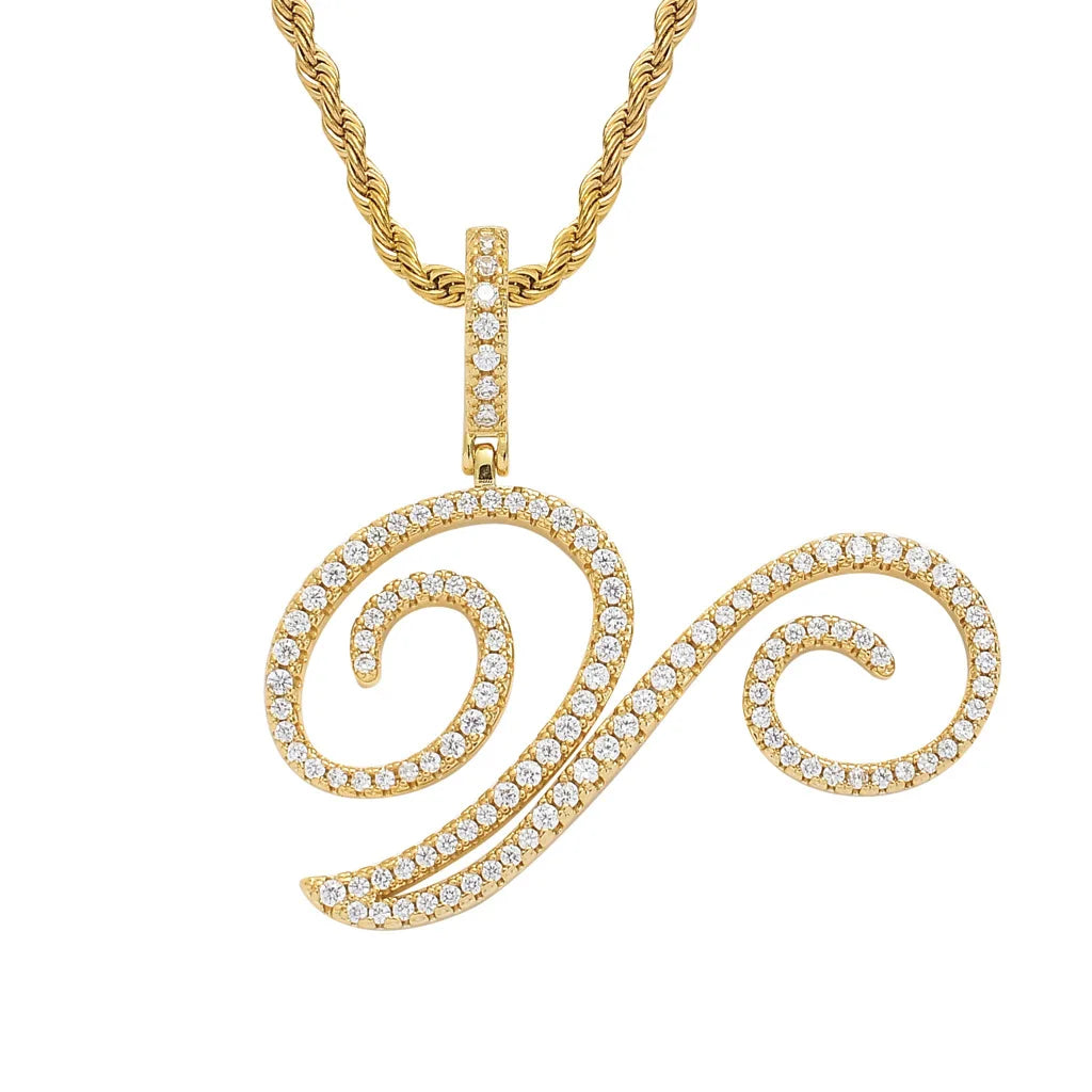 NEW Fashion Personalized Cursive Letters A-Z Pendant& Necklace Hip Hop Cubic Zircon Charm Jewelry for Men Women Gifts