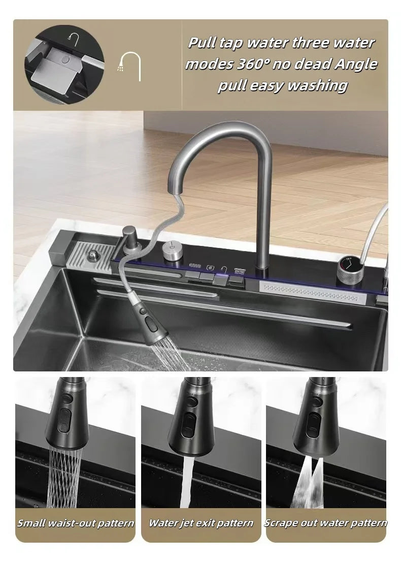 Handmade Modern Stainless Steel Single Bowl Kitchen Sink Faucet Waterfall Digital Pull Design Cup Washer Smart Undermount Nano