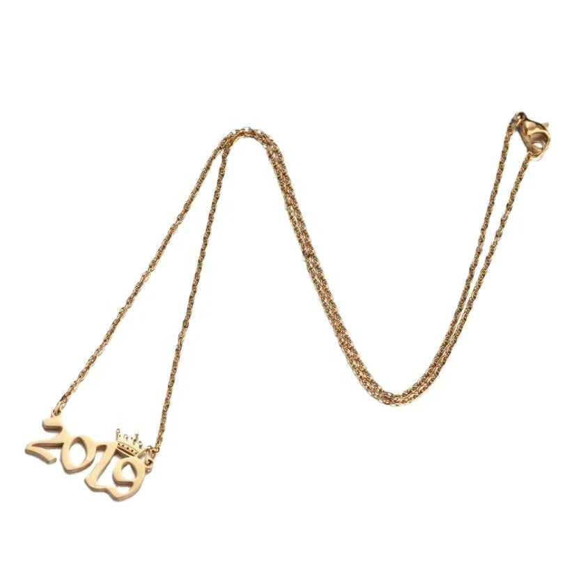 Wholesale stainless steel necklaces year crown number sweater chain fashion jewelry necklaces