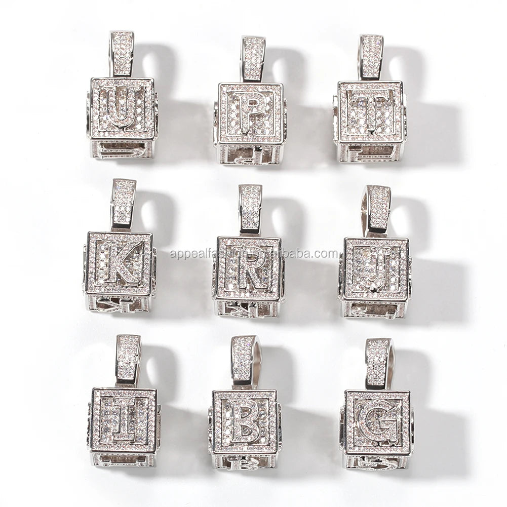 A-Z Single Stereoscopic Square Letter Pendant Initial Rapper Necklace Gold Silver Color Cubic Zircon Men Women Hip Hop Jewelry