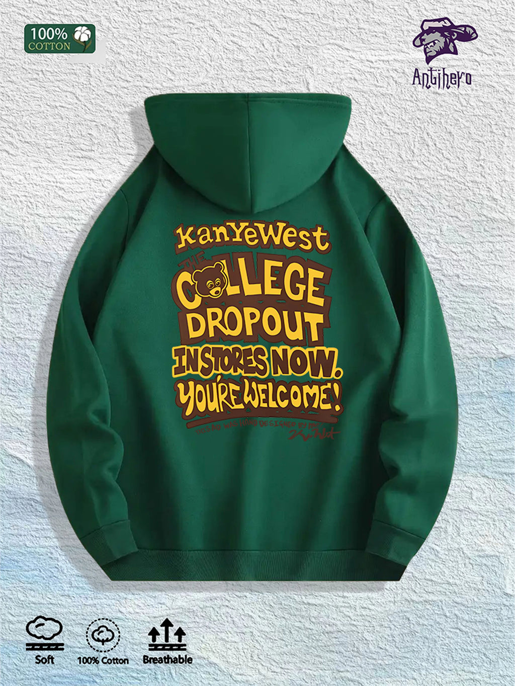 Kanye West "College Dropout" Graphic Hoodie 100% Cotton US Warehouse 7 Colors