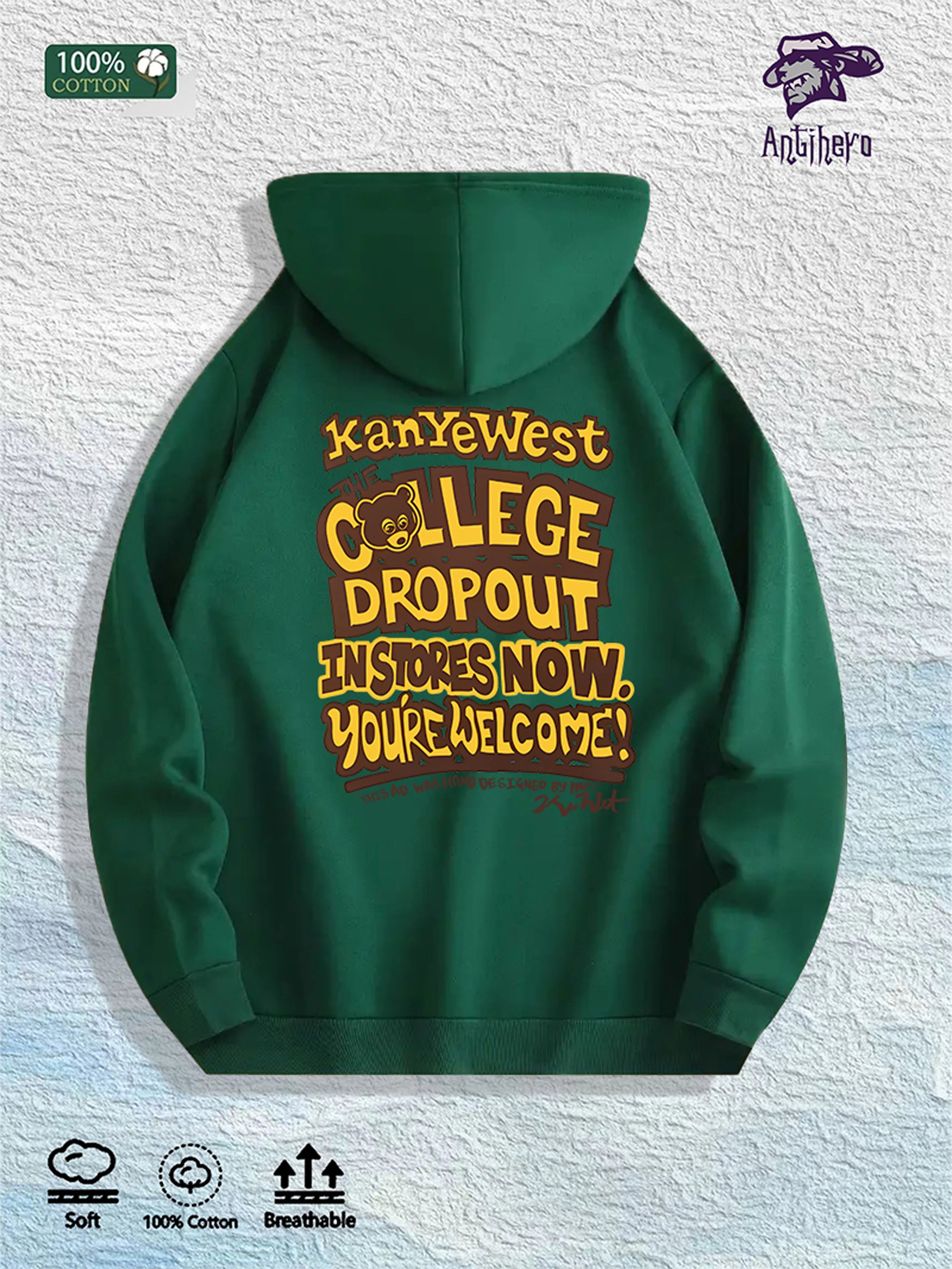 Kanye West "College Dropout" Graphic Hoodie 100% Cotton US Warehouse 7 Colors