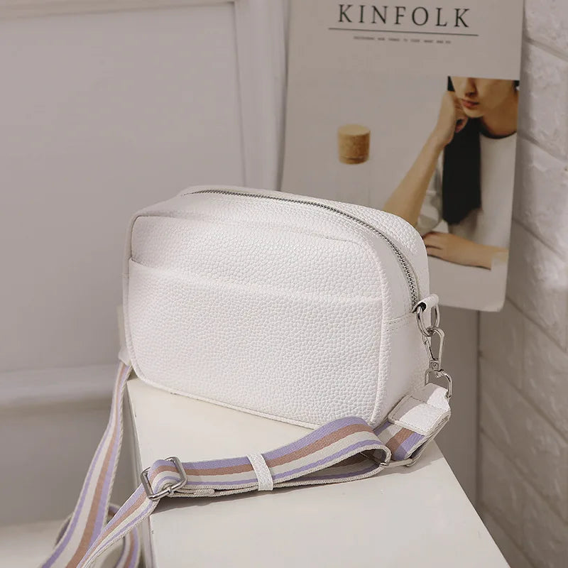 Solid Square Women Crossbody Bags Wide Fabric Strap Bag Ladies Fashion Handbags Zipper Leather Women Shoulder Bags