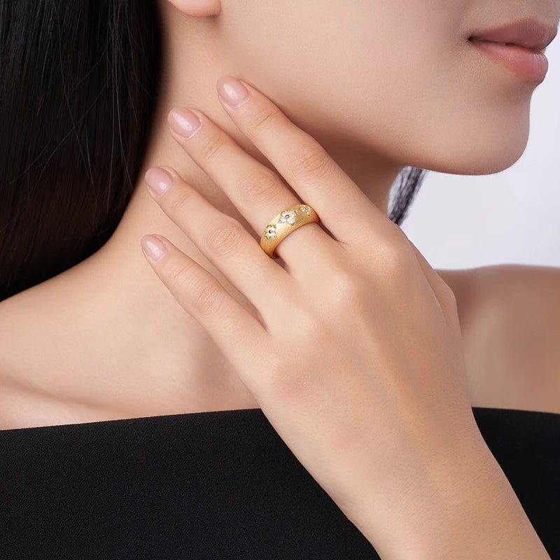 18K Gold Plated Wide Band Ring, Round Moissanite Flower Motif Brushed Finish Statement Stackable Ring for party Daily Wear