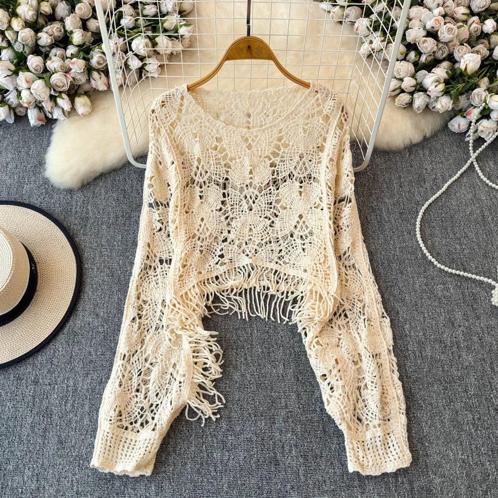 Women's Grey Embellished Beaded Ripped Sweater | Autumn/Winter 2025 Fashion | Irregular Knit French Cinched Waist Top