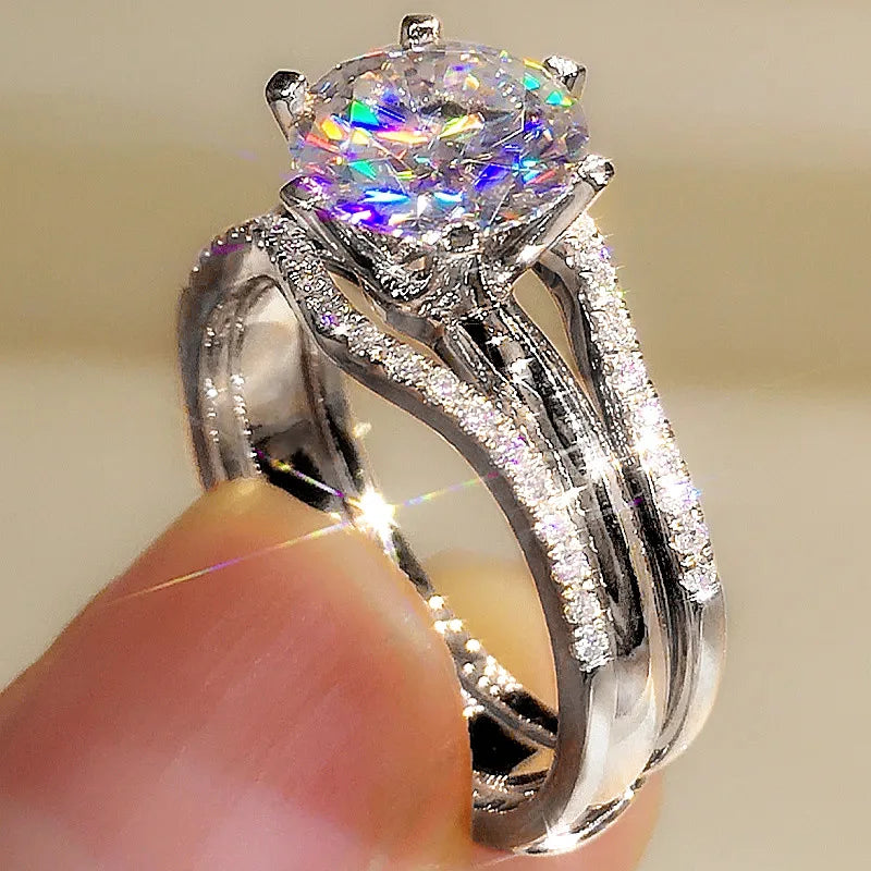 Rose Gold Plated Classic Diamond Ring with Side Diamonds Round Brilliant Cut G Color Engagement Women's