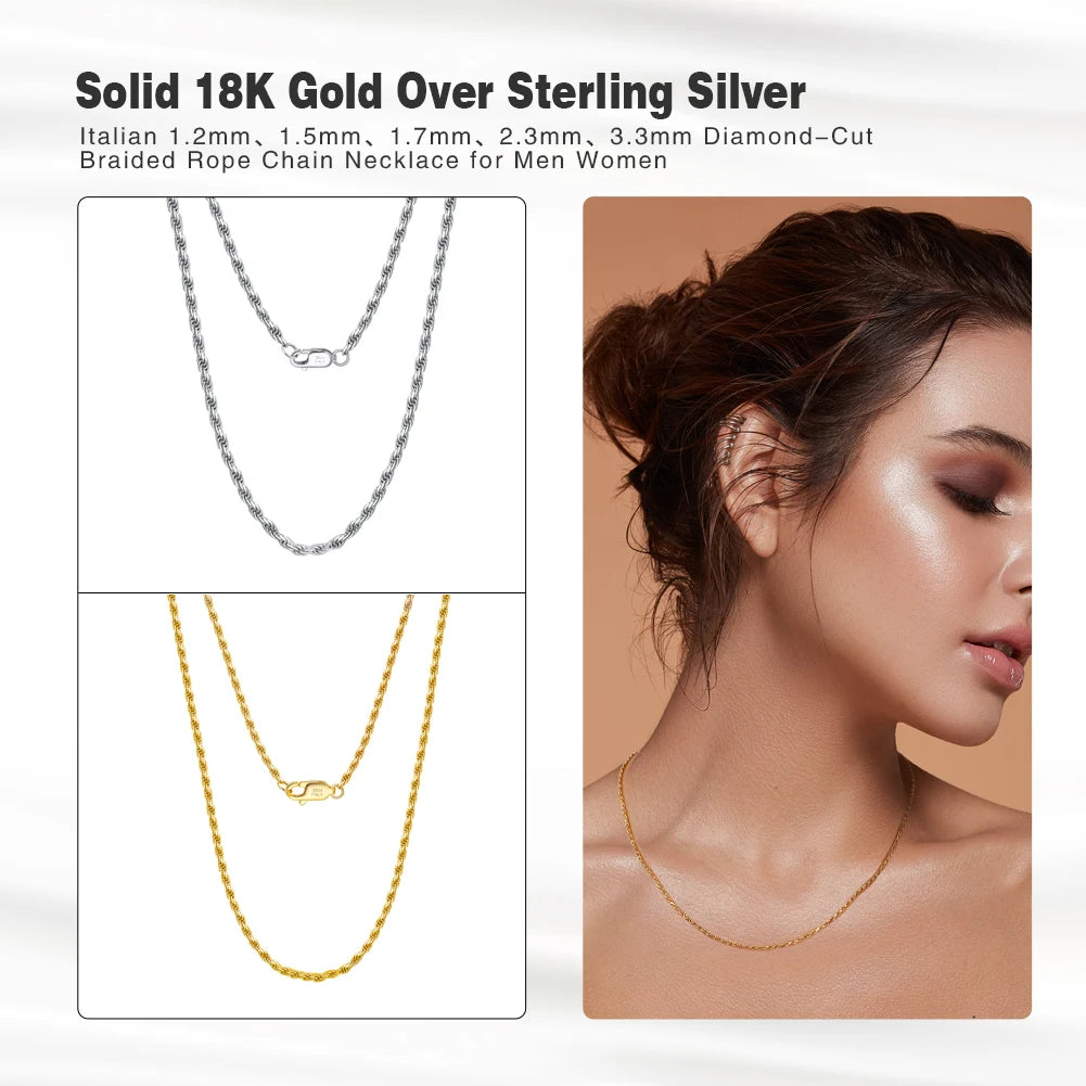 RINNTIN BSC29 Neck Chain Wholesale Popular Hiphop Men Jewelry Solid 18K Gold 925 Sterling Silver Diamond-Cut Rope Chain Necklace