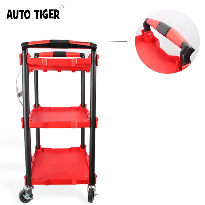 AUTO TIGER Red Newest Foldable in Three LayersMultifunction Plastic Rolling Cart Working Trolley Tools