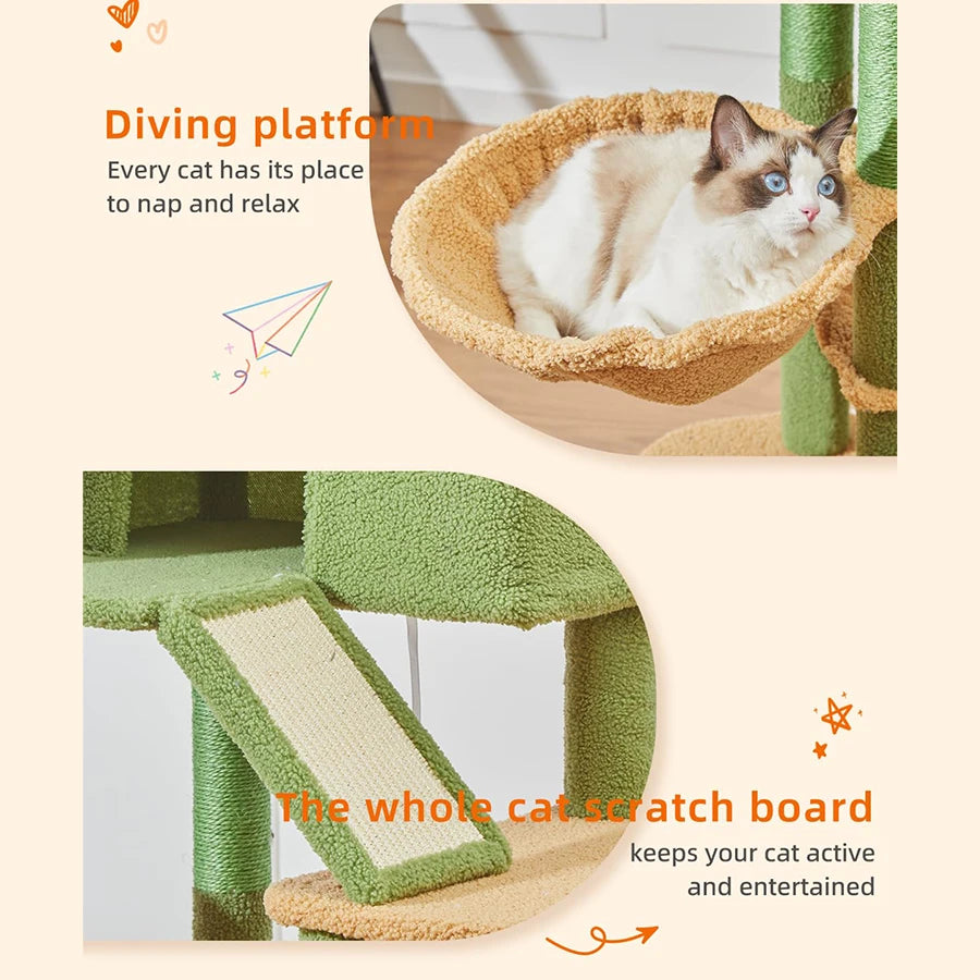 Discount Modern Large Luxury Cactus Cat Tree & Scratcher with Sisal Scratching Post Plush Cat House Customized Wood Cat Tower