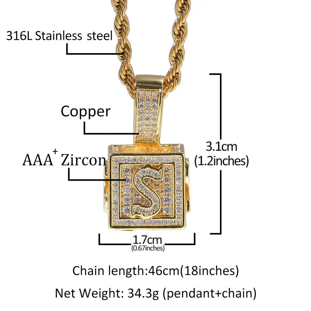 A-Z Single Stereoscopic Square Letter Pendant Initial Rapper Necklace Gold Silver Color Cubic Zircon Men Women Hip Hop Jewelry