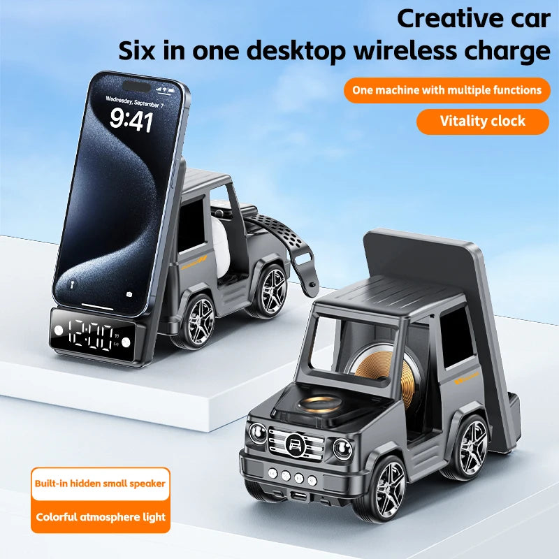 Hot Car Shape Wireless Charging Speaker 15w Charging Station With Speaker Transparent Wireless Charging Station With Alarm Clock