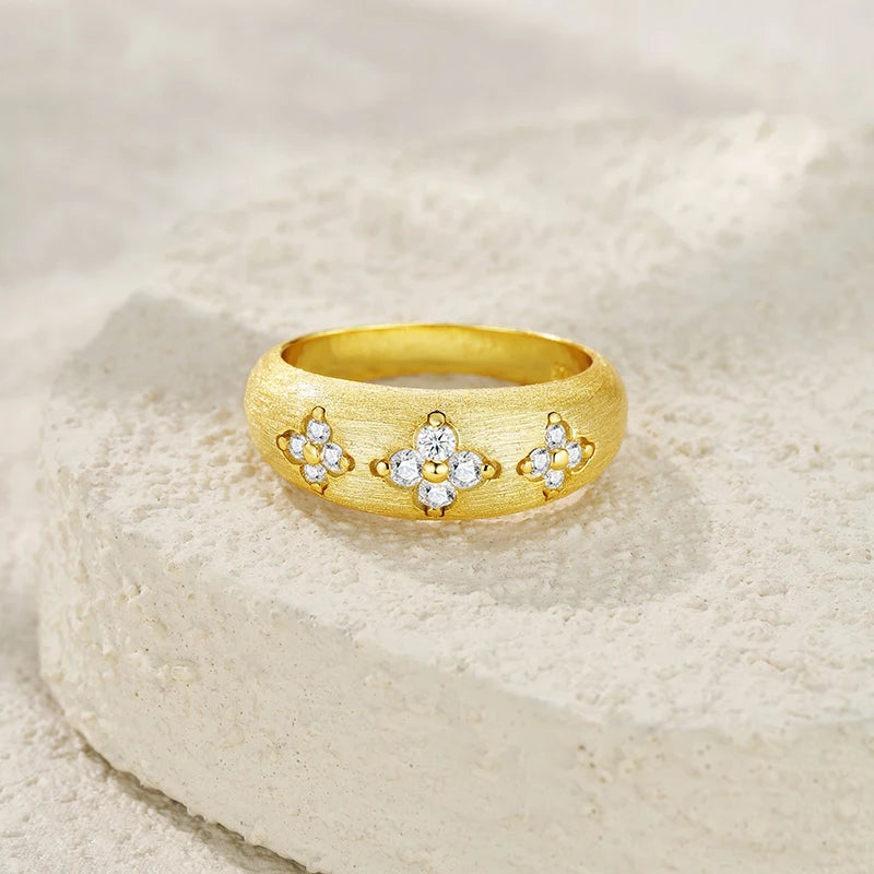 18K Gold Plated Wide Band Ring, Round Moissanite Flower Motif Brushed Finish Statement Stackable Ring for party Daily Wear