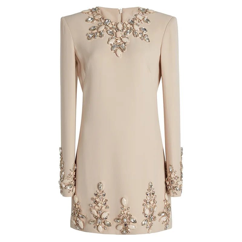 Bettergirl Autumn Winter New Female Star Temperament Fashion Heavy Industry Nail Beaded Diamond Long Sleeve Dress