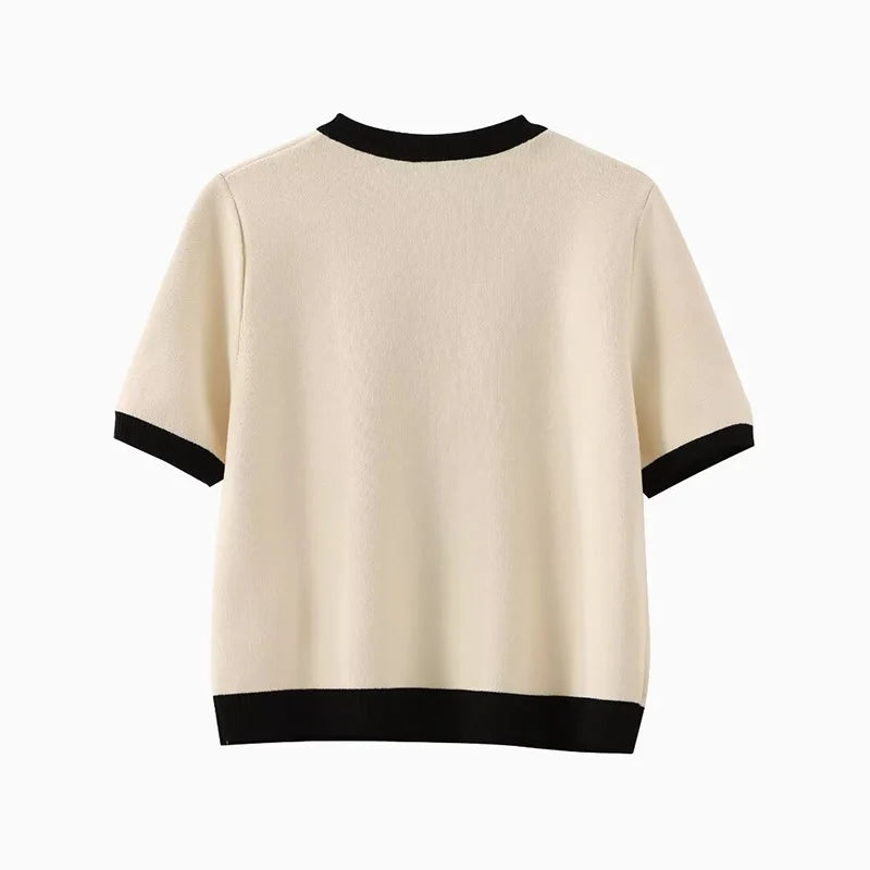 ZATRHMBM Women's 2024 New Fashion Short-sleeved Knitted Jacket Retro Round Neck Button Decoration Casual Short Sweater