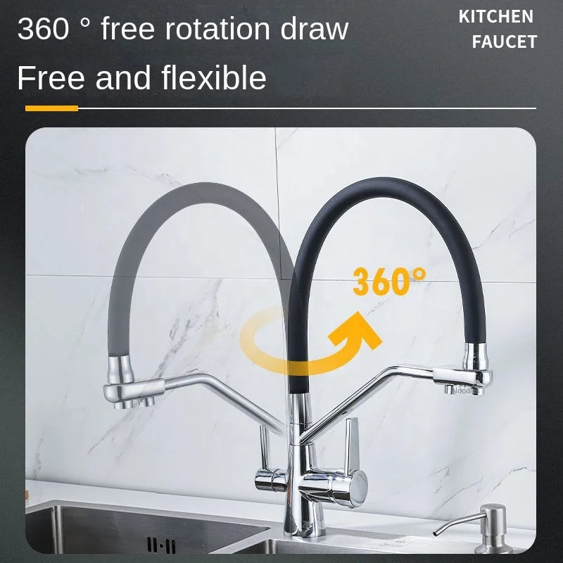 Brass Purifier Kitchen Faucet Pull Down Water Tap  Dual Spout  Kitchen Faucet 3 Waterway Kitchen Direct Drinking Water Faucet