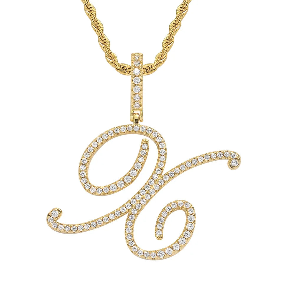 NEW Fashion Personalized Cursive Letters A-Z Pendant& Necklace Hip Hop Cubic Zircon Charm Jewelry for Men Women Gifts