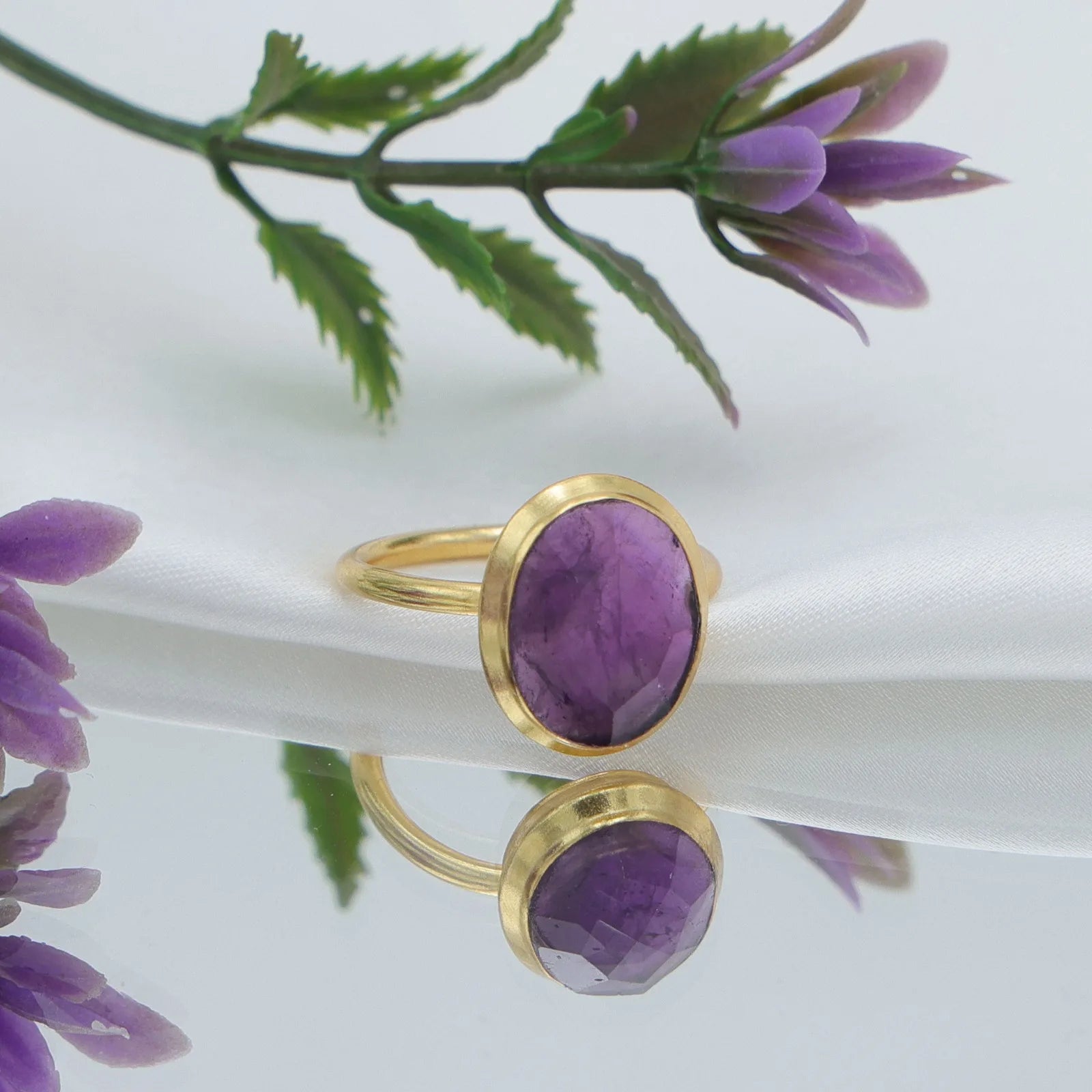 New Design Bezel Setting Amethyst Quartz Gold Plated 18K Handmade Brass Wedding Ring Trendy Third Party Appraised Unisex