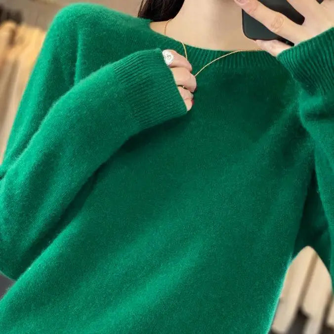 S-XXL Round Neck 100% Cashmere Knit Women's  Pullover Loose Bottom Sweater Autumn/Winter New Solid Color Sweater