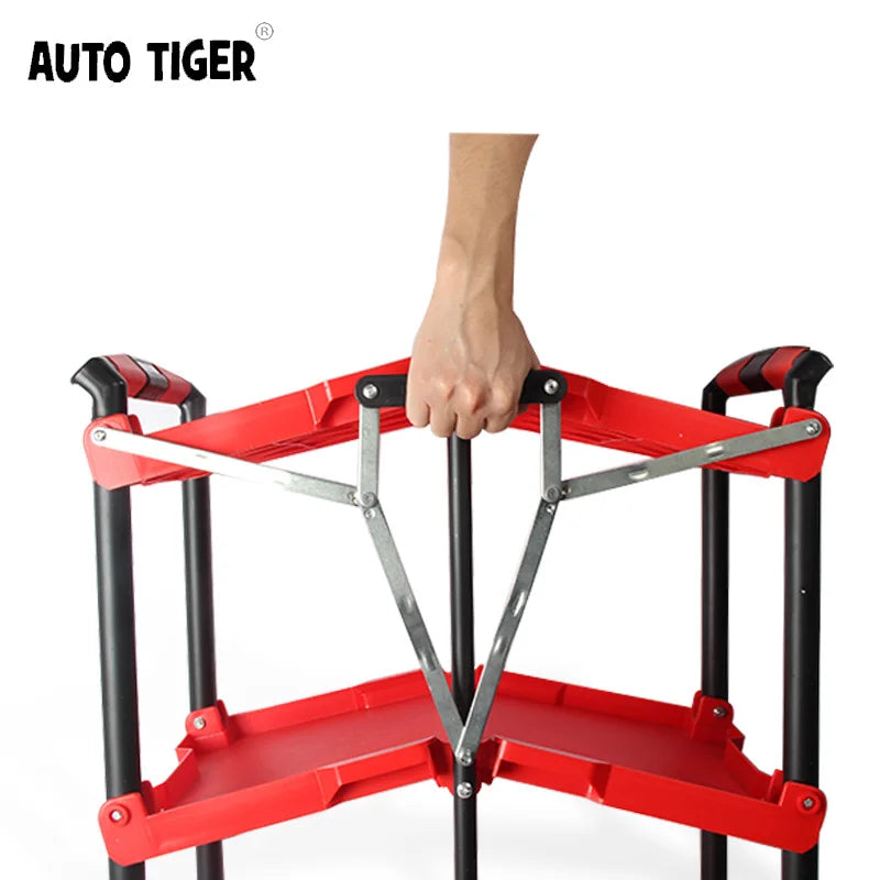 AUTO TIGER Red Newest Foldable in Three LayersMultifunction Plastic Rolling Cart Working Trolley Tools