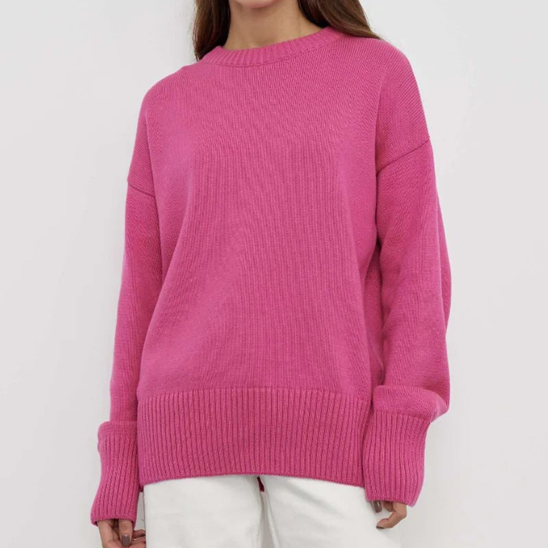 Women's Autumn New Crew Neck Solid Sweater Loose Long Sleeve Knitted Casual Pullover Versatile Top for Winter