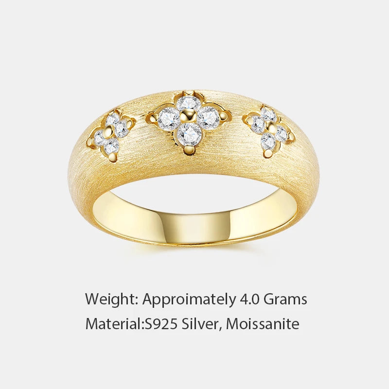 18K Gold Plated Wide Band Ring, Round Moissanite Flower Motif Brushed Finish Statement Stackable Ring for party Daily Wear
