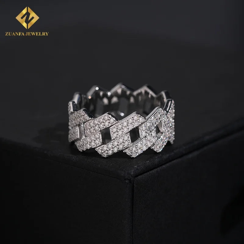 Hot Sale Fashion New Design Gold and Silver Moissanite  Ring Full Diamond GRA Certificates Pass Diamond Tester Hip Hop Style
