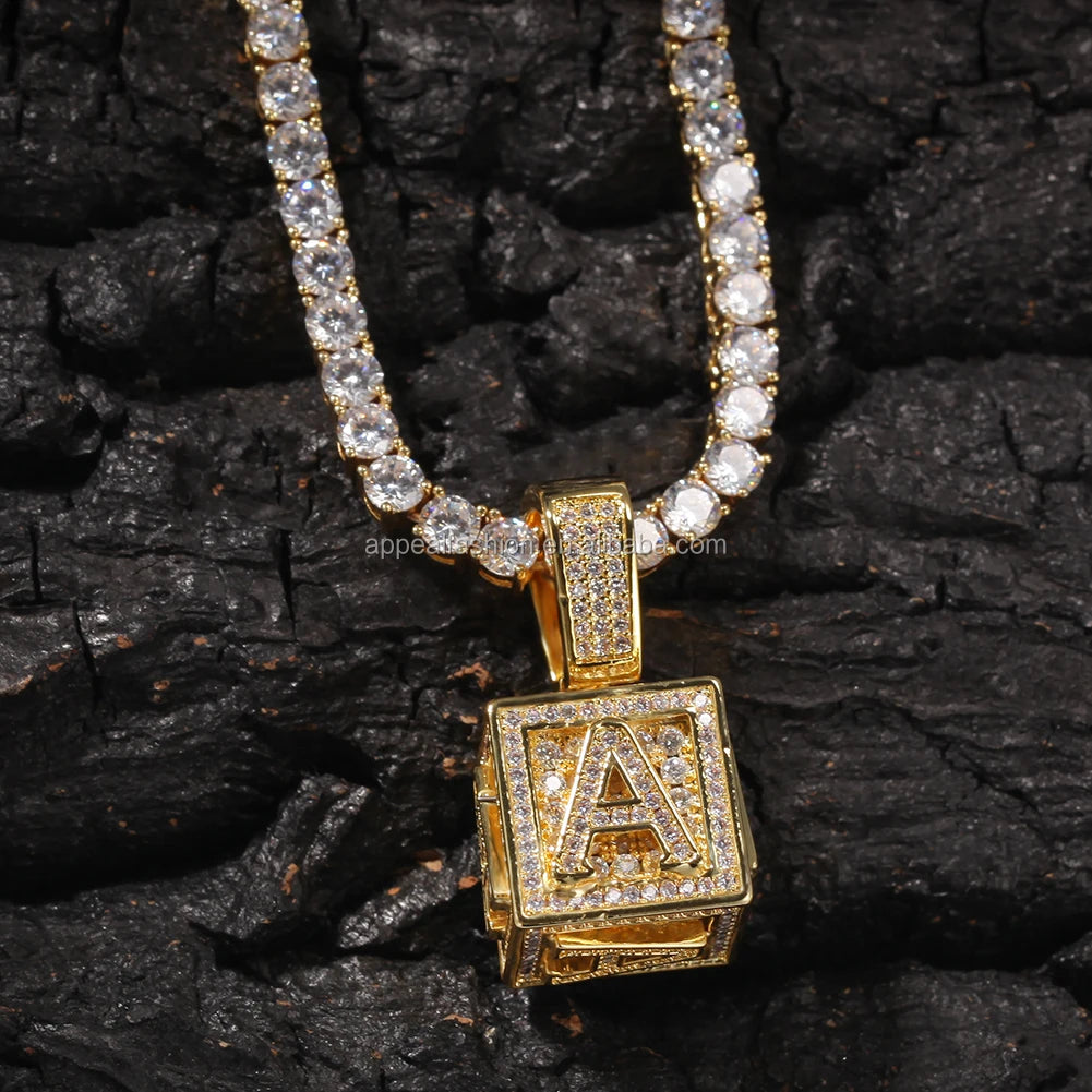 A-Z Single Stereoscopic Square Letter Pendant Initial Rapper Necklace Gold Silver Color Cubic Zircon Men Women Hip Hop Jewelry