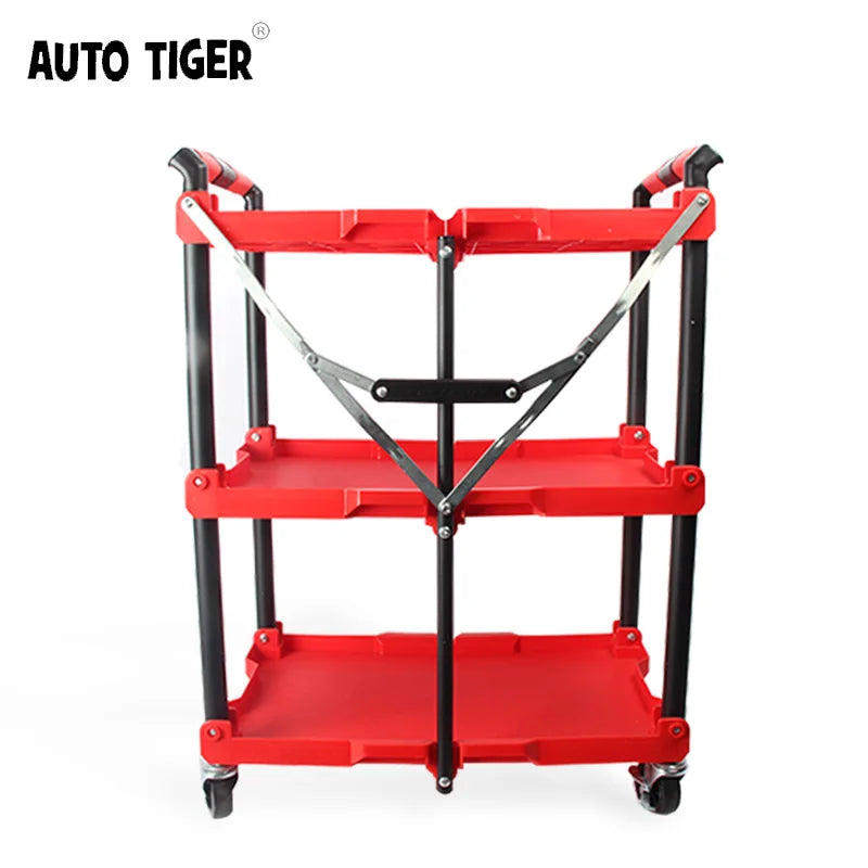 AUTO TIGER Red Newest Foldable in Three LayersMultifunction Plastic Rolling Cart Working Trolley Tools
